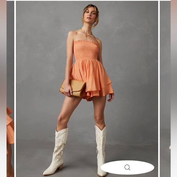 Vici Pants - Miriam Smocked Strapless Romper. Peach. Large